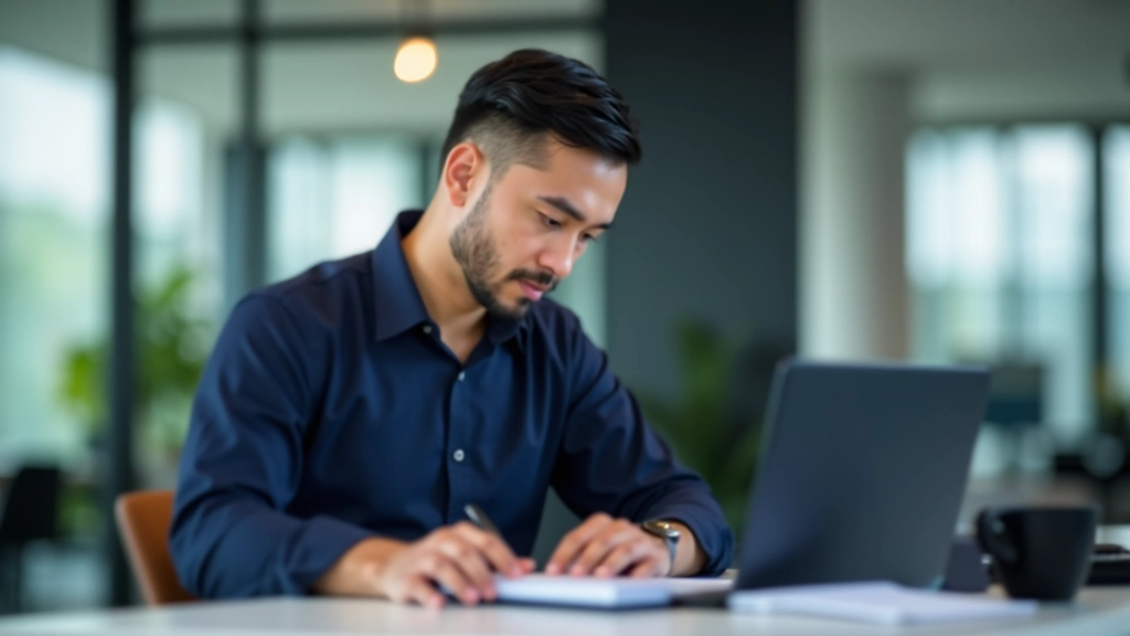 Marcus Tan working at desk in modern office setting, reviewing notes and planning resilience training programs