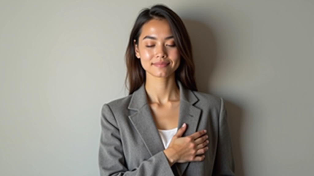 Person demonstrating the 4-7-8 breathing technique, relaxed posture with hand on chest, calm expression in natural lighting